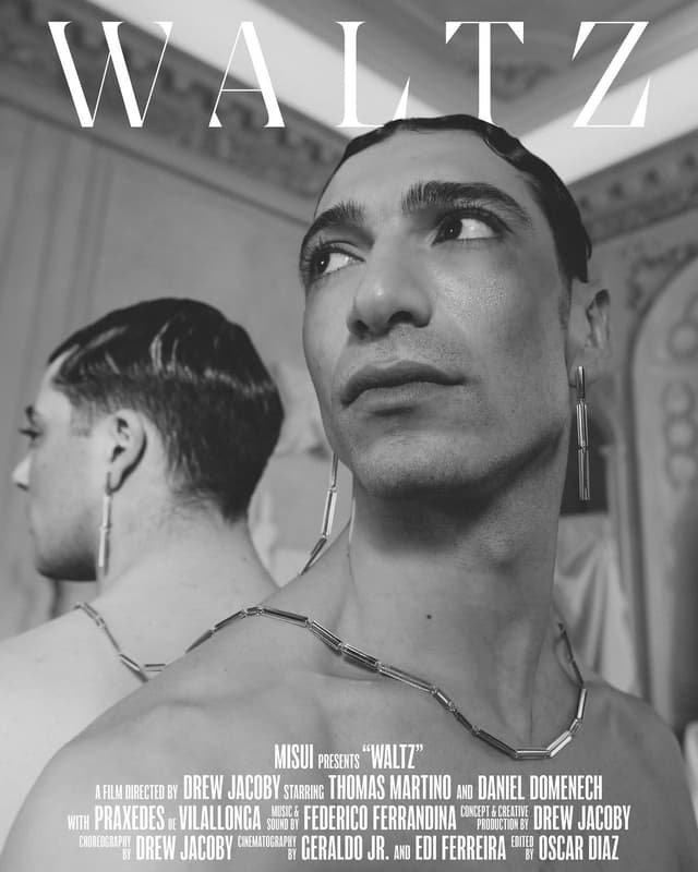 Poster for Waltz, a film directed by Drew Jacoby: a dancer in silver chain jewellery beside his reflection